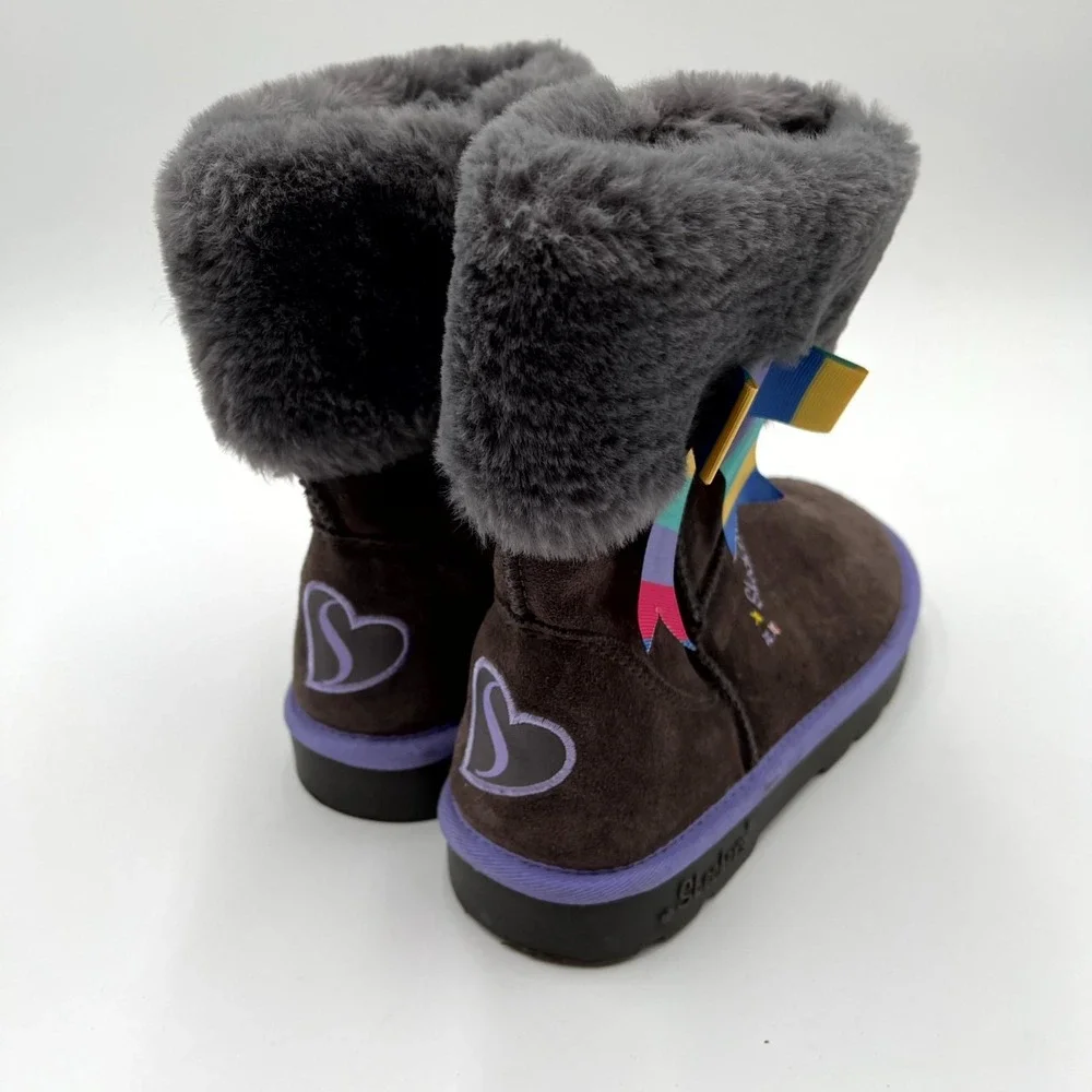 Skechers Winter Ankle Boots Girls 4 Dark Brown Suede Faux Fur Round Toe Side Zip